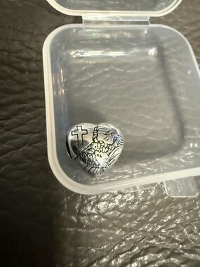 Silver Heart Religious Charm with Cross and Floral Engraving